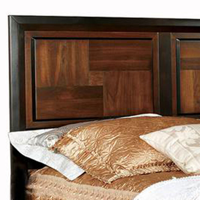 Transitional Style Queen Size Wooden Parquet Design Bed, Brown-Benzara