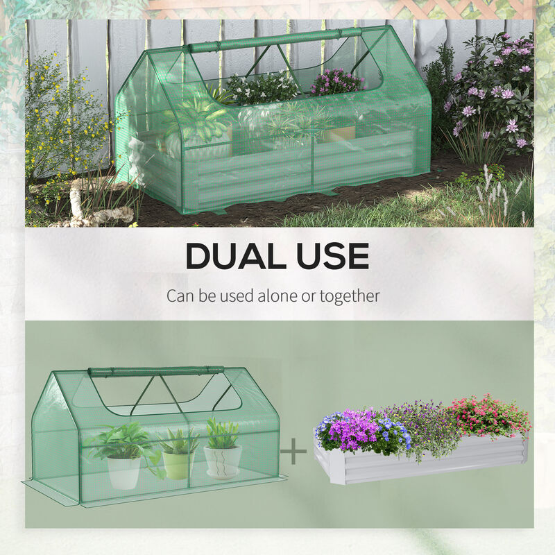 Outsunny 6' x 3' Galvanized Raised Garden Bed with Mini PVC Greenhouse Cover, Outdoor Metal Planter Box with 2 Roll-Up Windows for Growing Flowers, Fruits, Vegetables and Herbs, Light Gray