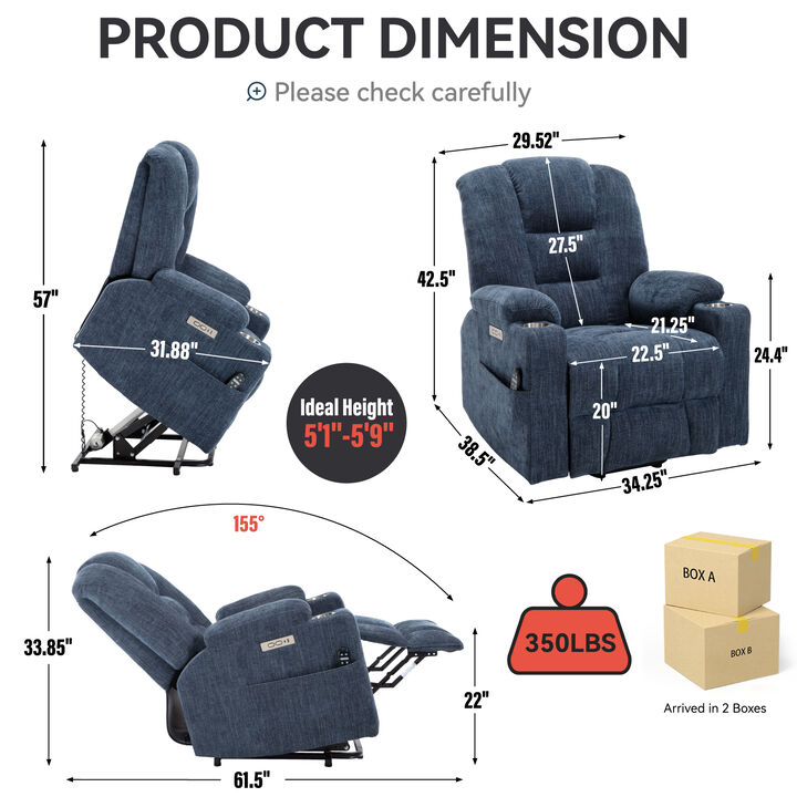 Heavy Duty Power Lift Recliner Chair for Elderly - Overstuffed Wide Seat with Massage & Heat, USB/Type-C Ports, 2 Cup Holders
