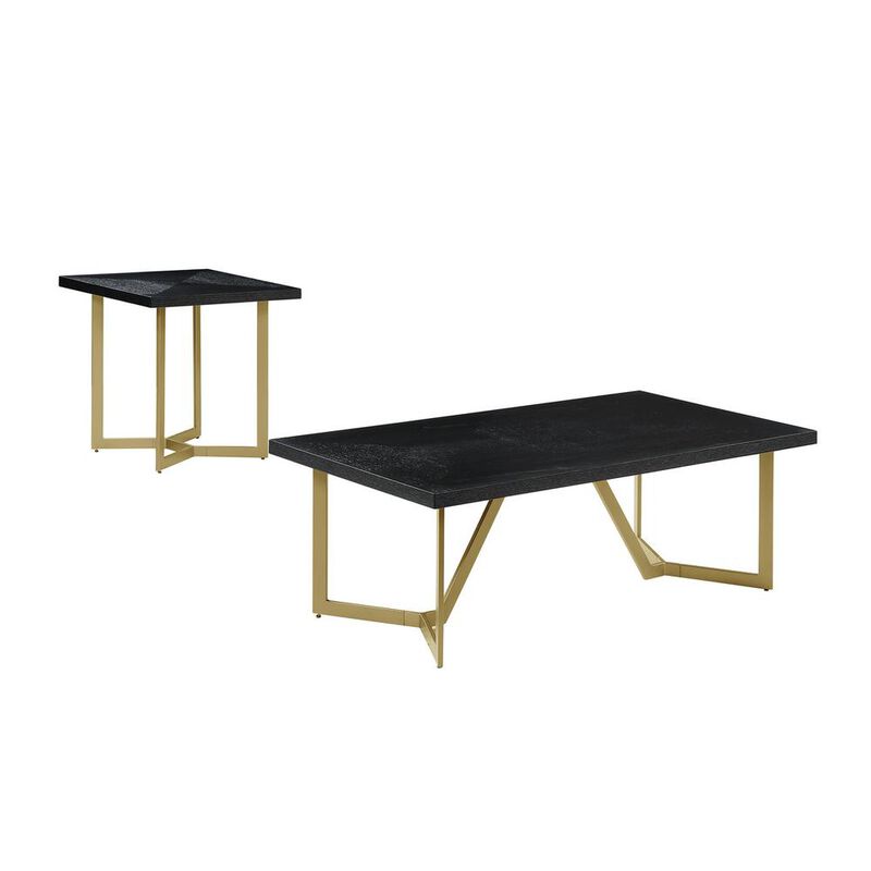 2pc Black wood top coffee set w/gold color iron base (coffee+end table)