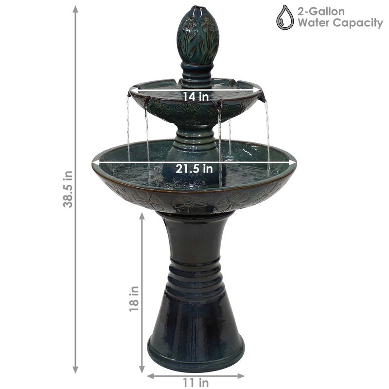 Sunnydaze Double Tier Ceramic Outdoor 2-Tier Water Fountain with Lights