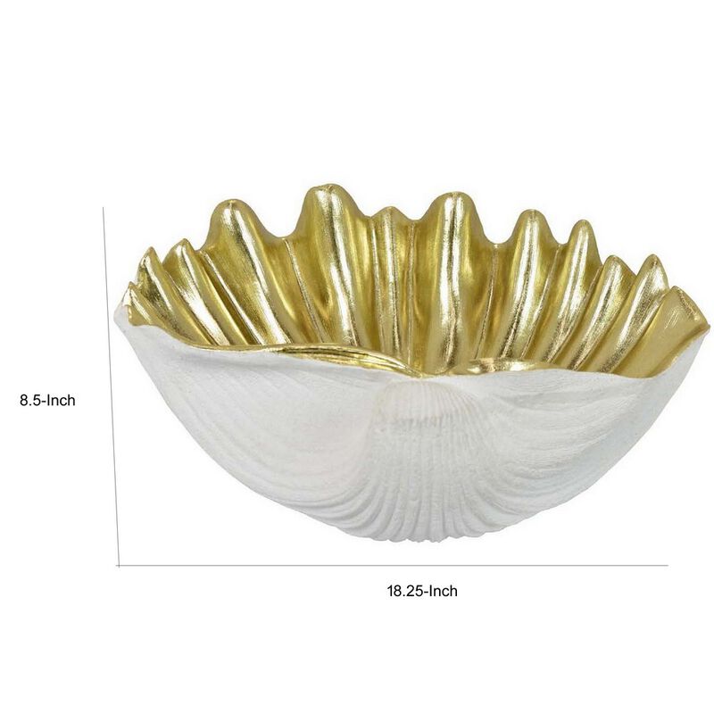 18 Inch Decorative Shell Bowl, Gold Details and Delicate Folds, White Resin - Benzara