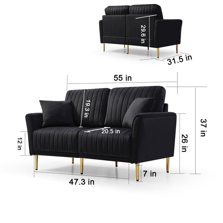 Modern Velvet 2-Seater Sofa, Upholstered Sofa with Metal Legs, 2-Seater Sofa Furniture for Small Spaces, Living Room, Bedroom, Office (Black)