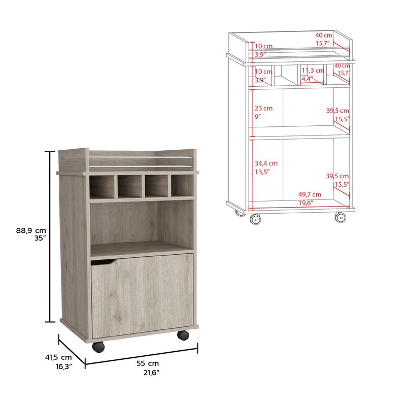 Phoenix Bar Cart with 2 Open Shelves  4 Wine Cubbies and Cabinet