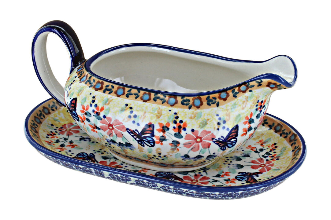 Blue Rose Polish Pottery Blue Butterfly Gravy Boat & Plate