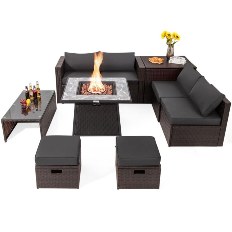 Hivvago 9 Pieces Patio PE Wicker Sectional Set with 50000 BTU Fire Pit Table