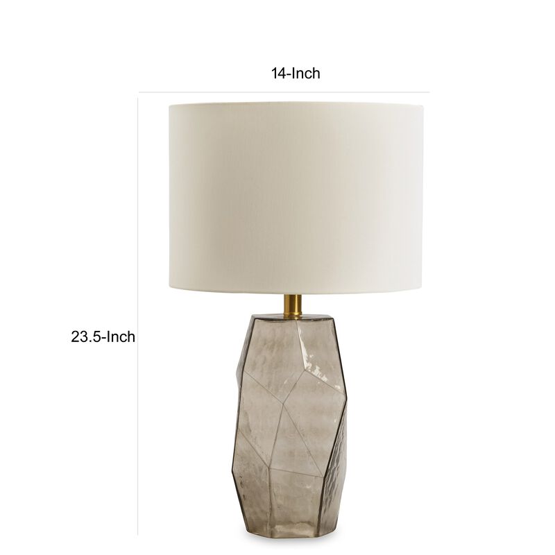 24 Inch Table Lamp, Hexagonal Textured Glass Base, Drum Shade, Gray - Benzara