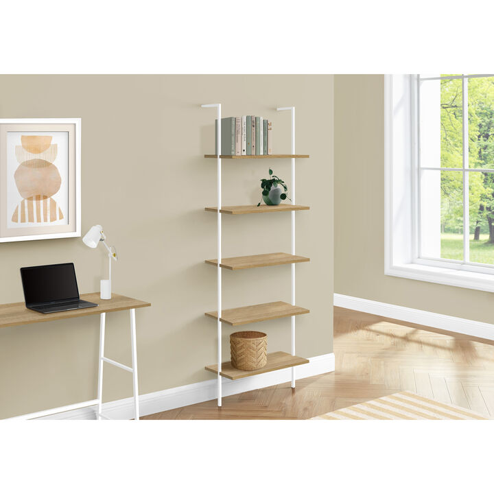 Monarch Specialties I 3686 Bookshelf, Bookcase, Etagere, Ladder, 5 Tier, 72"H, Office, Bedroom, Metal, Laminate, Natural, White, Contemporary, Modern