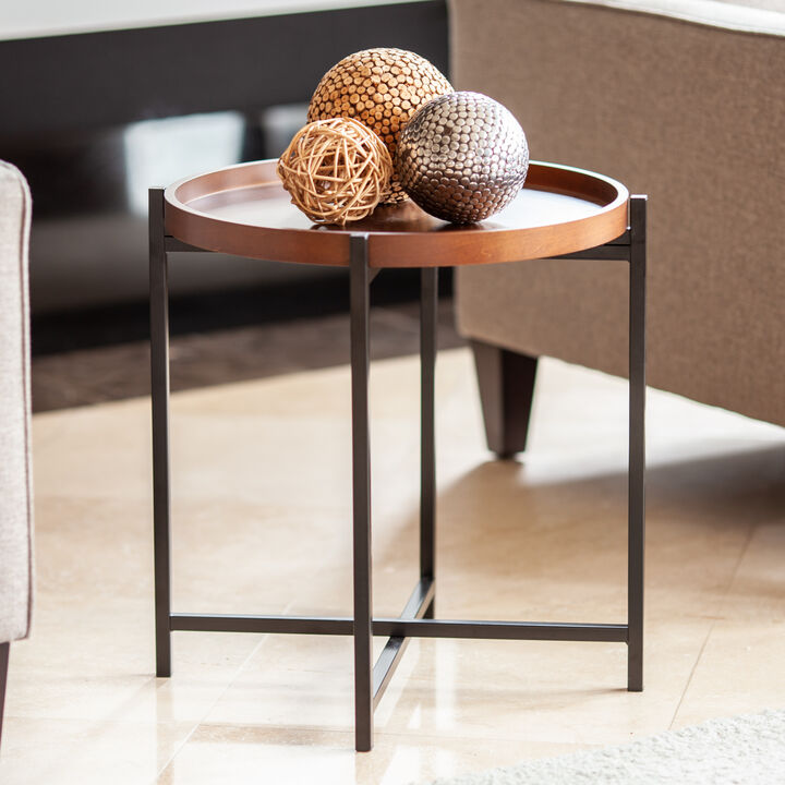 Mid-century Modern Round Side Table with Removable Wood Tray