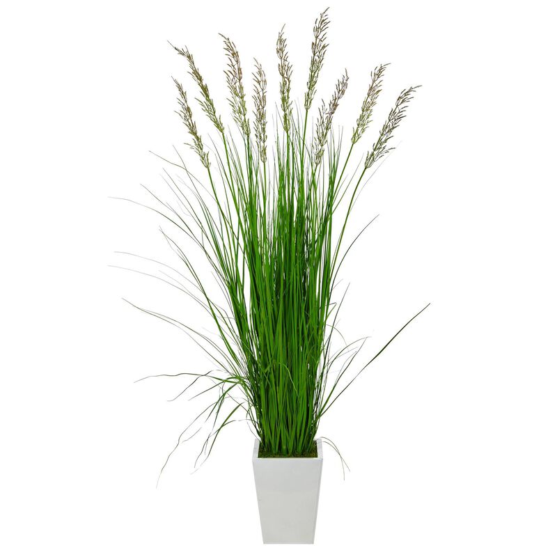 Nearly Natural 75-in Grass Artificial Plant in White Metal Planter