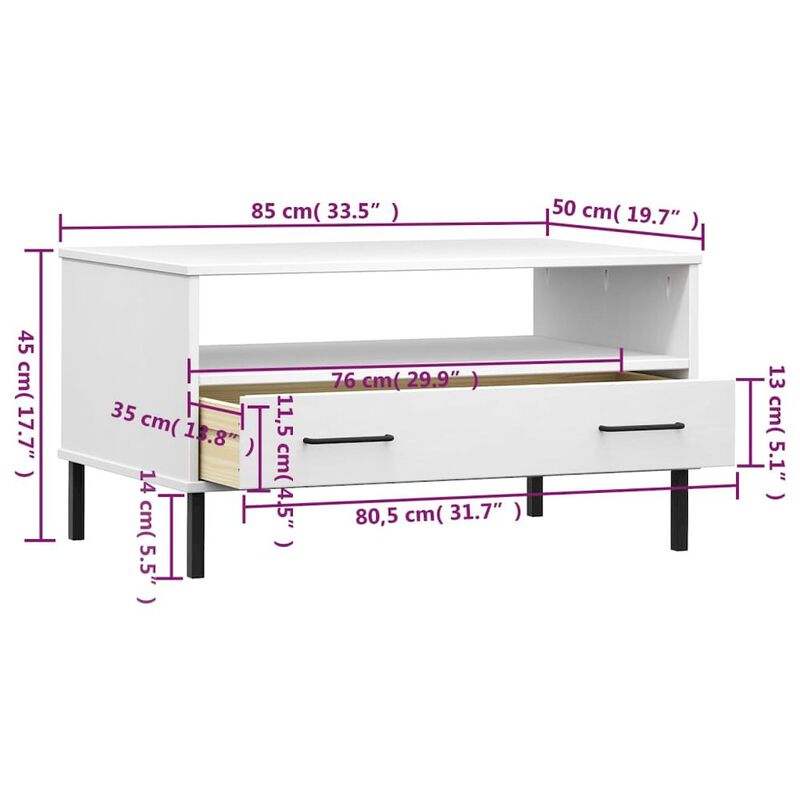 Coffee Table with Metal Legs White 33.5"x19.7"x17.7" Solid Wood OSLO