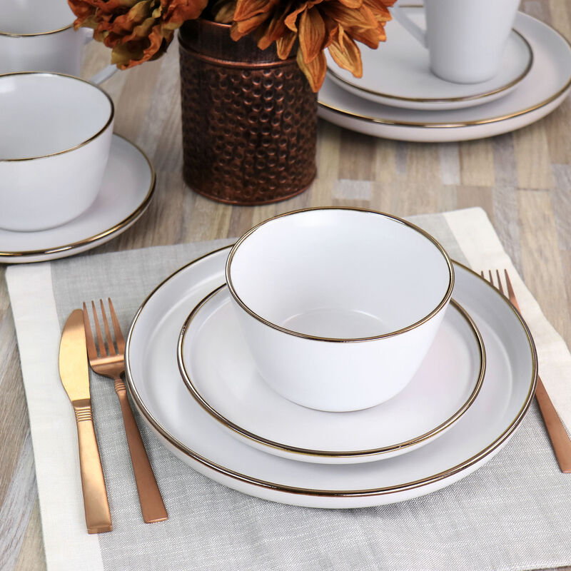 Elama Arthur 16 Piece Stoneware Dinnerware Set in Matte White with Gold Rim