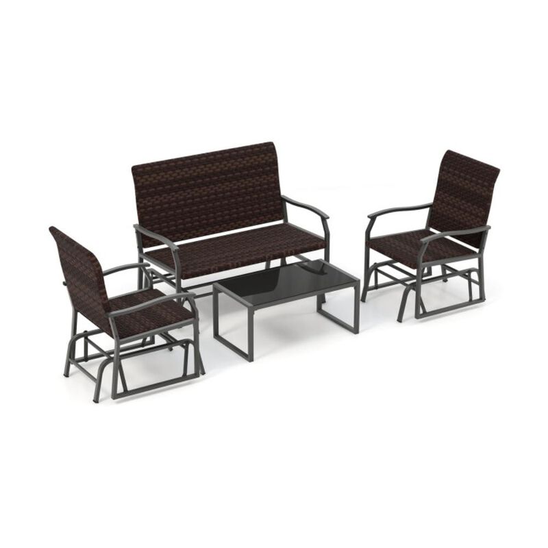 Hivvago 4 Piece Patio Gliding Set Wicker Swing Glider Furniture Set All Weather with Tempered Glass Coffee Table