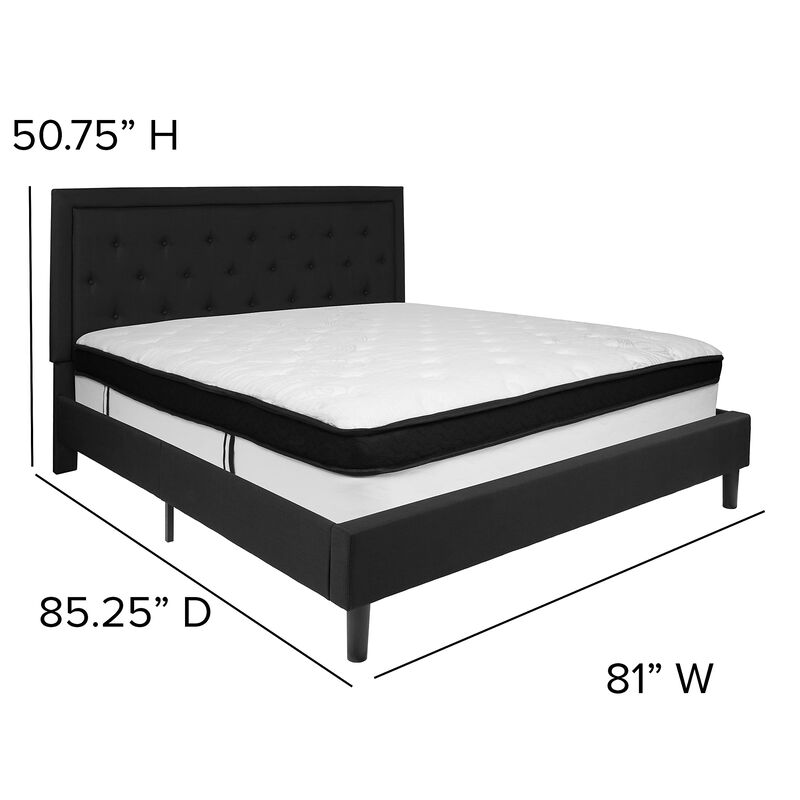 Roxbury King Size Tufted Upholstered Platform Bed in Black Fabric with Memory Foam Mattress