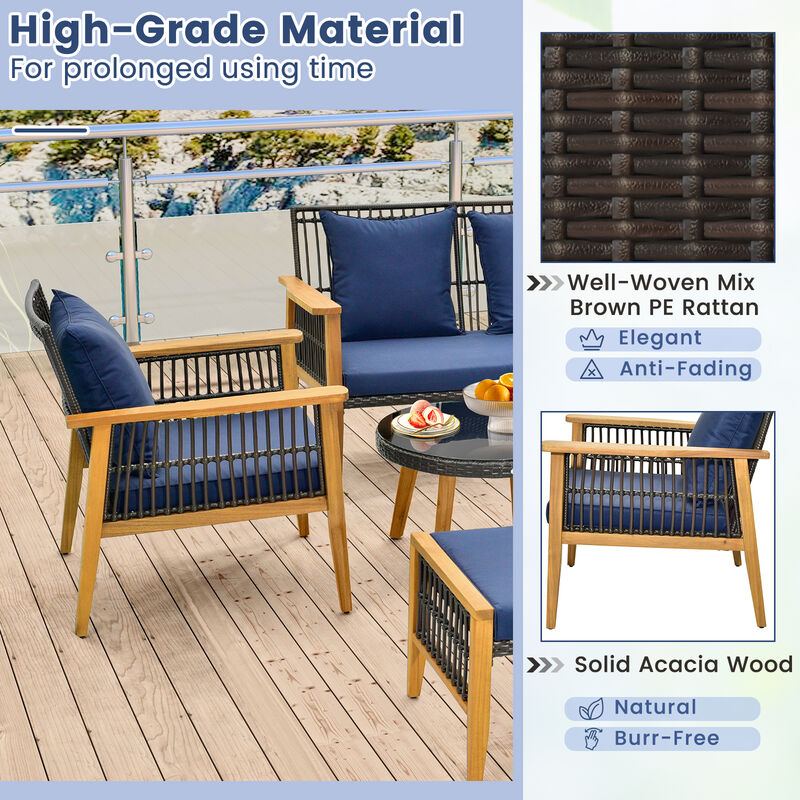 7 Piece Outdoor Conversation Set with Stable Acacia Wood Frame Cozy Seat & Back Cushions-Navy