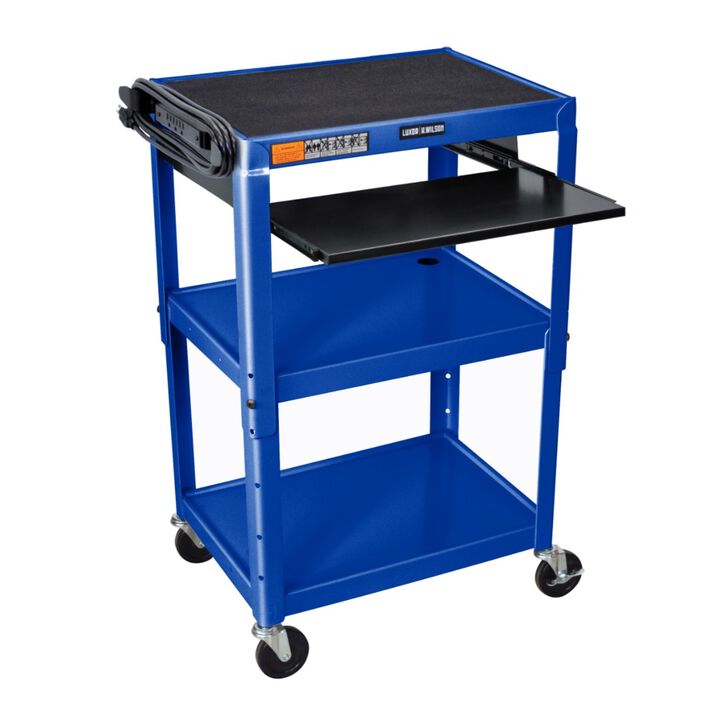 Adjustable-Height Steel Utility Cart - Pullout Keyboard Tray, Royal Blue