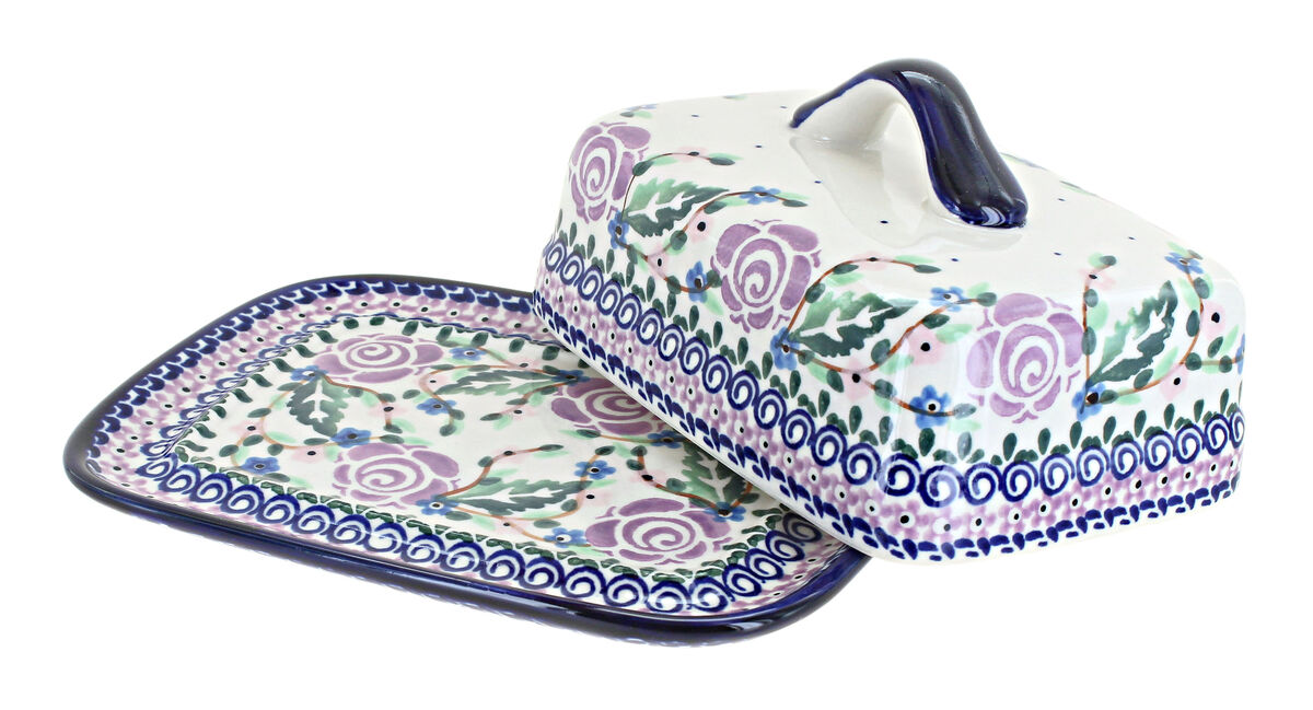 Blue Rose Polish Pottery Majestic Pansy Square Butter Dish