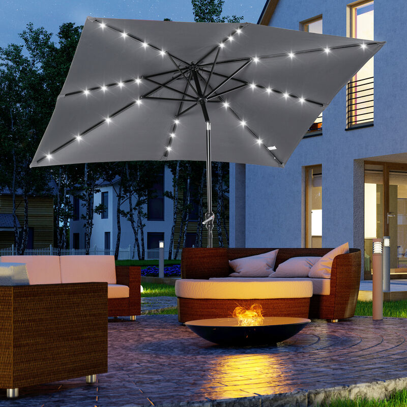 Outsunny 9' x 7' Solar Umbrella, LED Lighted Patio Umbrella for Table or Base with Tilt & Crank, Outdoor Umbrella for Garden, Deck, Backyard, Pool, Beach, Dark Gray