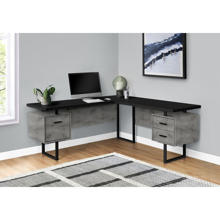 Computer Desk, Home Office, Corner, Left, Right Set-Up, Storage Drawers, 70"L, L Shape, Work, Laptop, Metal, Laminate, Grey, Black, Contemporary, Modern