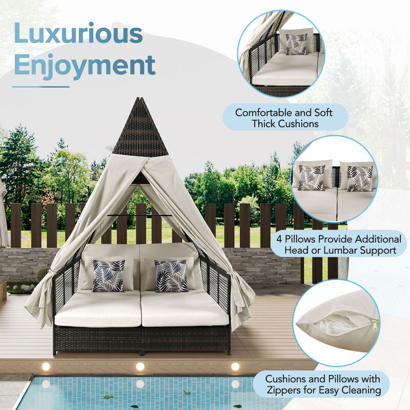 Outdoor Daybed Patio Lounge Bed with Adjustable Backrest Outdoor Double Sun Lounger with Curtains, 4 Pillows for Garden Patio Poolside Balcony Beach, Beige