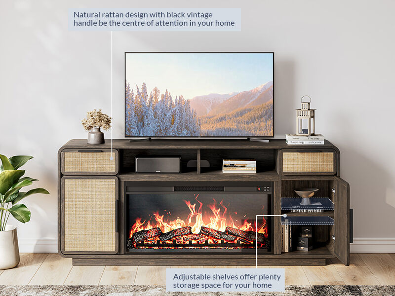 BELLEZE 68" TV Stand for TV Up to 75", Entertainment Center with 36" Electric Fireplace Heater, Rattan Decorated Console Table Storage Cabinet for Living Room, Bedroom - Bower(Brown)