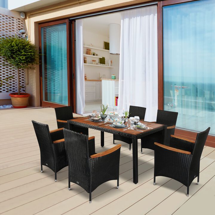 7 PCS Patio Dining Set Rattan Wicker Furniture Set with Acacia Wood Table Top, Stackable Armrest Chairs with Water-Proof Cushion