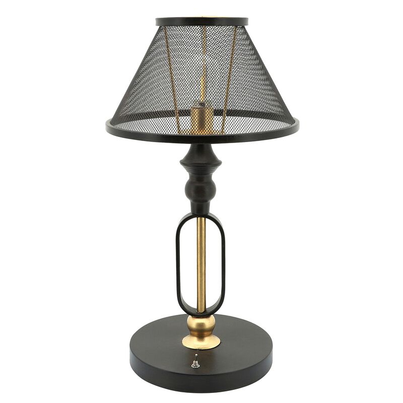 19 Inch Table Lamp, Round Metal Mesh Shade, Hollow Body, Black, Gold Stand - Benzara