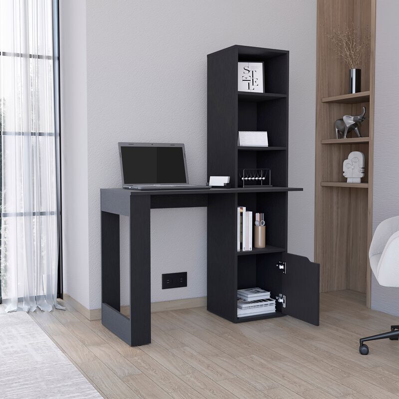 Iowa Computer Desk with 1-Cabinet and 4-Tier Bookcase -Black