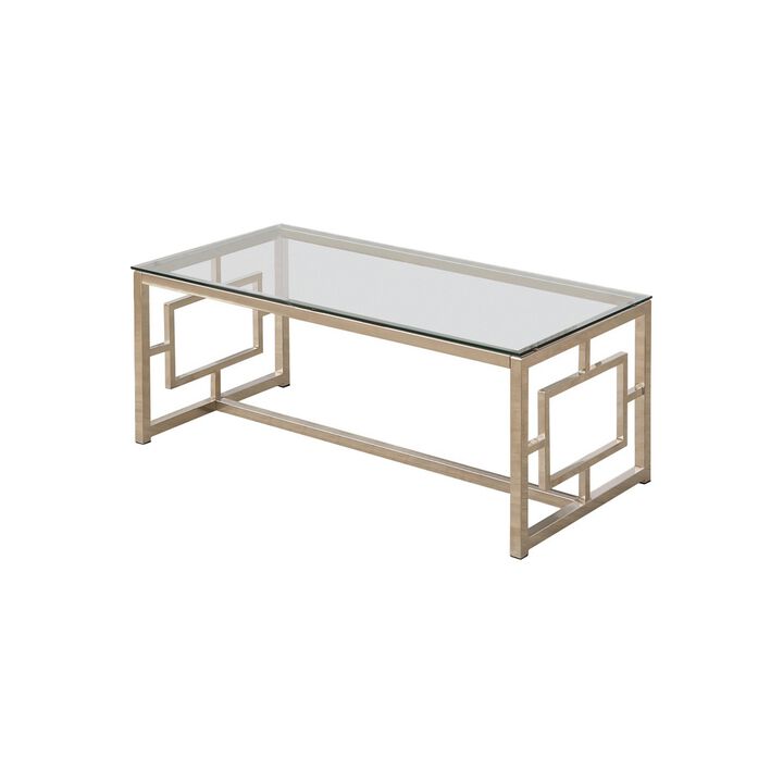 Tempered Glass Top Coffee Table with Lattice Cut Outs, Silver and Clear