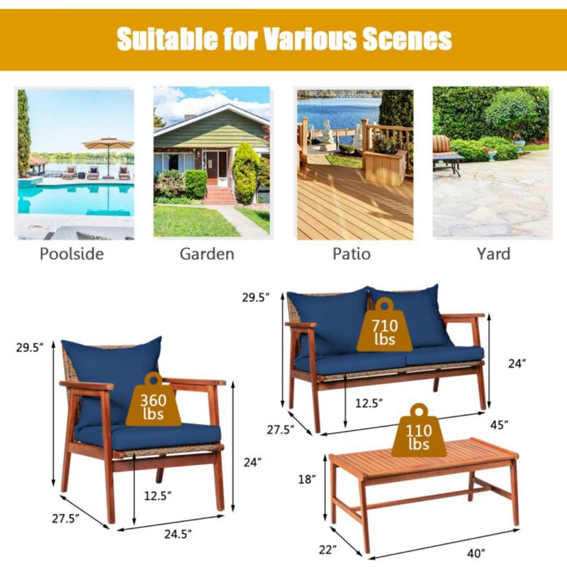 Hivvago 4 Pieces Acacia Wood Patio Rattan Furniture Set with Zippered Cushions