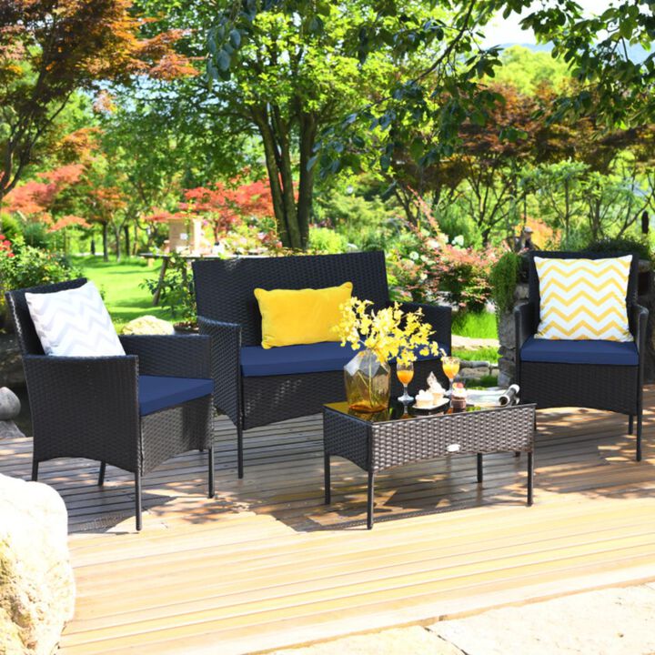 Hivvago 4 Pieces Patio Rattan Cushioned Sofa Set with Tempered Glass Coffee Table