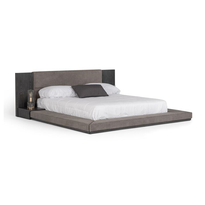 Noe Ruby Queen Bed with Built in Nightstands, Low Height, Gray Upholstery - Benzara