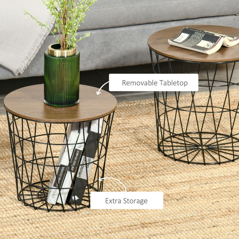 Black/Brown Nesting Tables: Set of 2 Round Side Tables with Storage