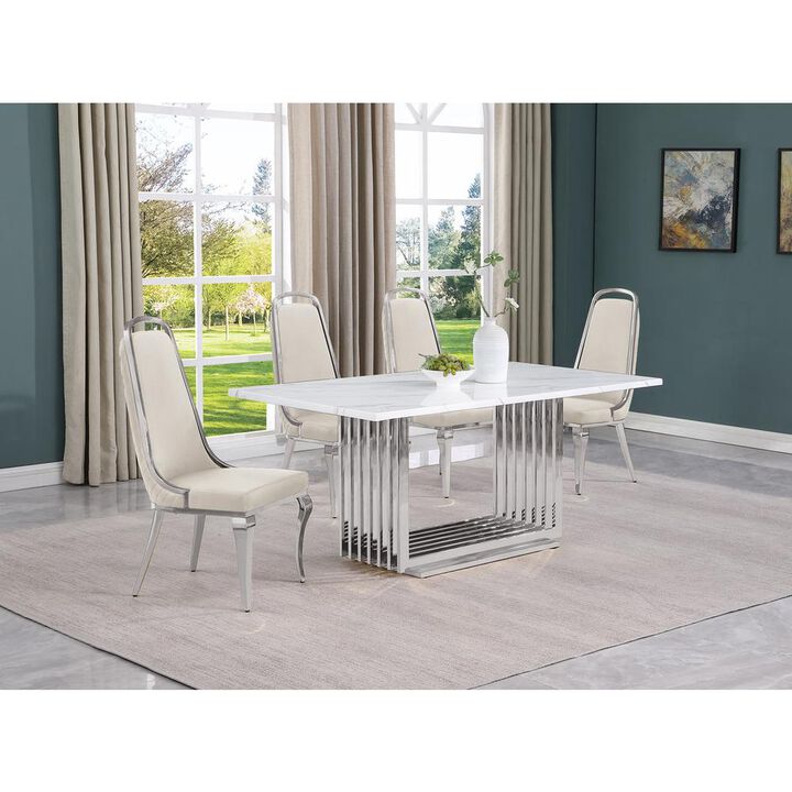 5pc Small(68") marble top dining set with silver base and 4 Cream side chairs