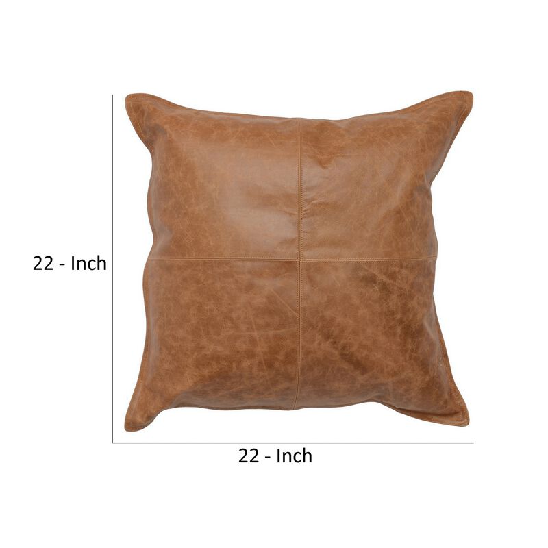 Square Leatherette Throw Pillow with Stitched Details, Brown-Benzara