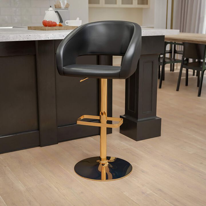 Flash Furniture Erik Comfortable & Stylish Contemporary Barstool with Rounded Mid-Back and Foot Rest, Adjustable Height - Black Vinyl with Gold Base