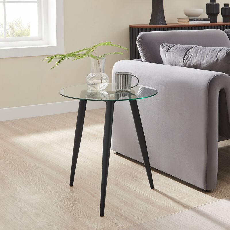 Van Beuren Side Table with Modern Metal Taper Legs and Clear Glass Tabletop