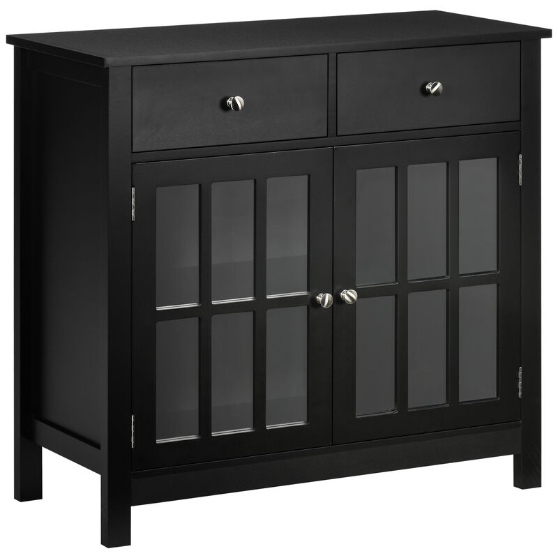 HOMCOM Sideboard Buffet Cabinet, Kitchen Cabinet with 2 Drawers and Glass Doors, Accent Cabinet for Living Room, Black