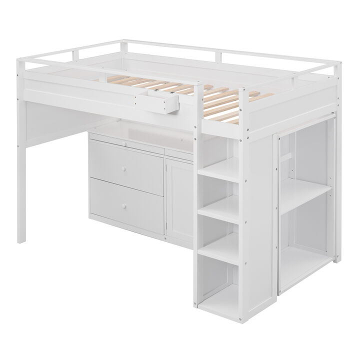 Loft Bed with Rolling Cabinet and Desk - White