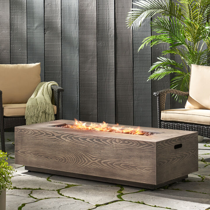 AIDAN RETANGLE IRON FIRE PIT - 50,000 BTU TANK OUTSIDE