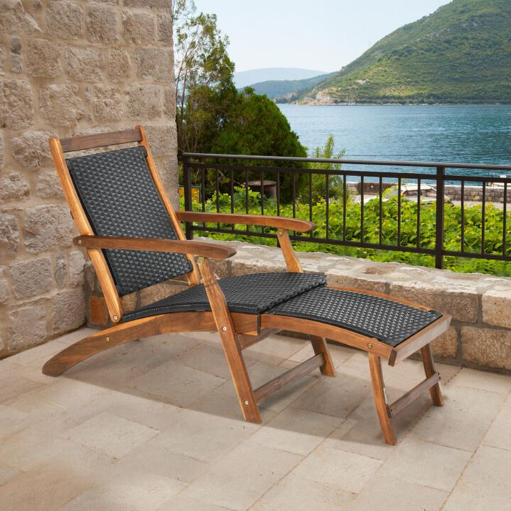 Hivvago Patio Rattan Folding Lounge Chair with Acacia Wooden Frame Retractable Footrest