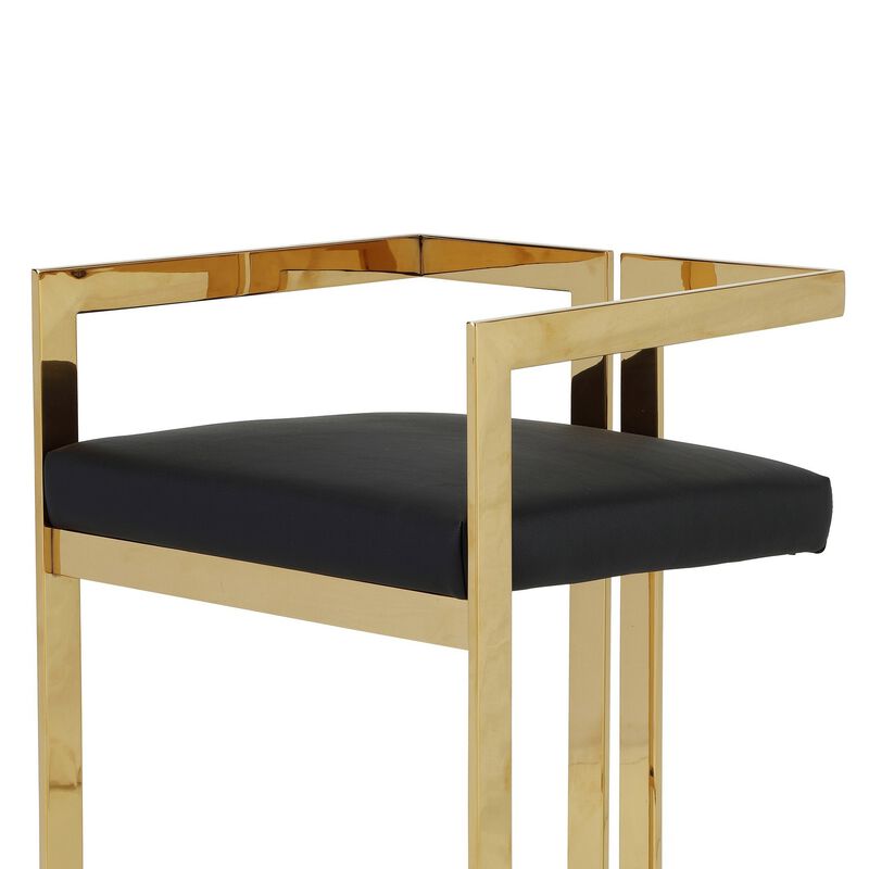 Suki 30 Inch Barstool Chair, Black Faux Leather Seat, Gold Cantilever Base - Benzara