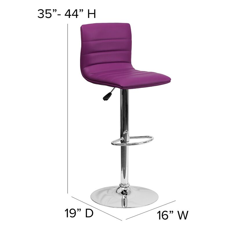 Flash Furniture Vincent Modern Purple Vinyl Adjustable Bar Stool with Back, Swivel Stool with Chrome-Pedestal Base and Footrest