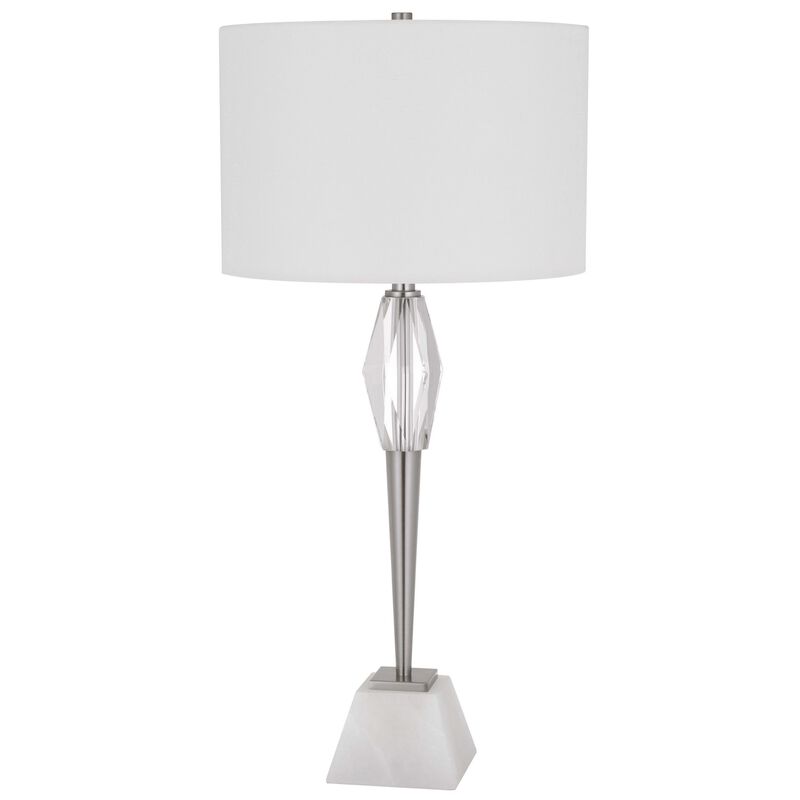 32 Inch Table Lamp with White Drum Shade, Marble Base, Brushed Steel - Benzara