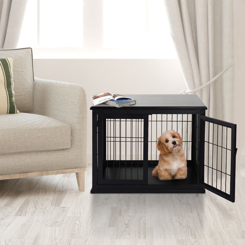 26'' Wooden Decorative Dog Cage Pet Crate Kennel with Double Door Entrance & a Simple Modern Design  Black