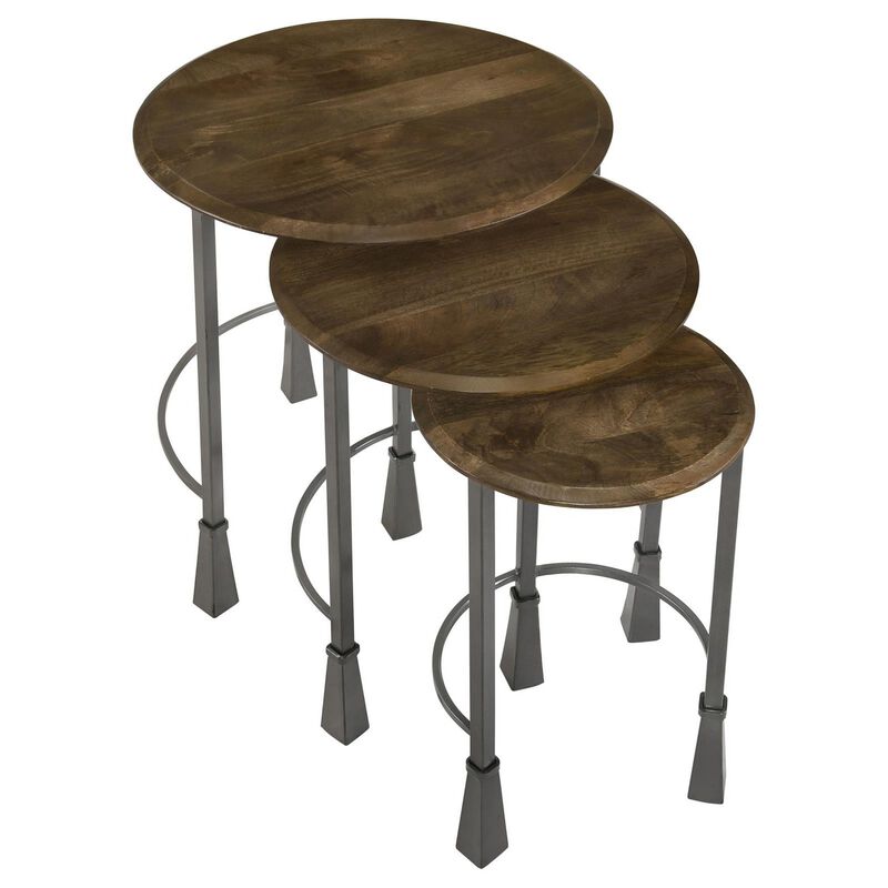 3 Piece Round Nesting End Table Set, Sleek Gray Iron Legs, Mango Brown Wood - Benzara