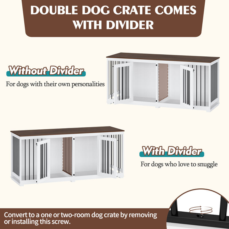 Large Dog House Crate Furniture, 71 in. Wooden Large Dog Kennel with Removable Divider for Large Medium Dogs, White