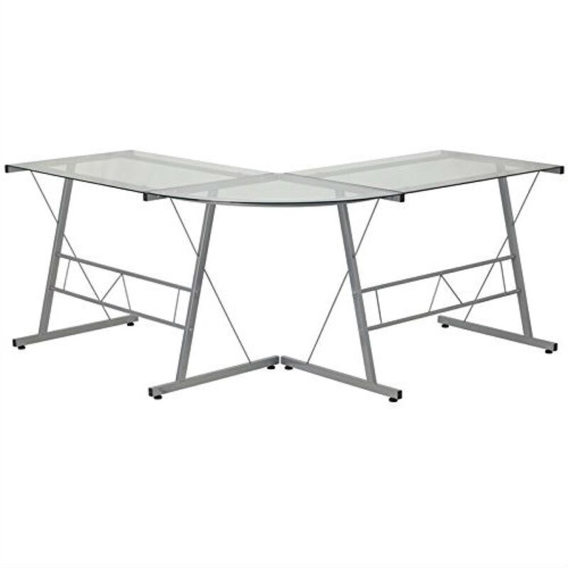Hivvago Modern Silver Metal L-Shaped Desk with Glass Top and Floor Glides