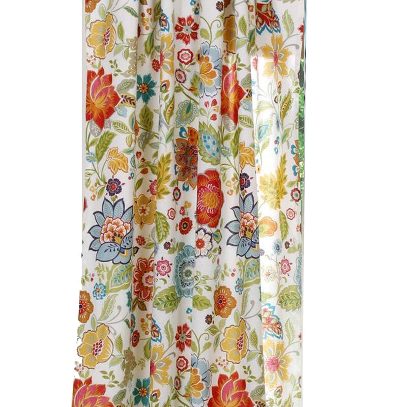84 Inch Window Panel Curtain, Red and Blue Flowers, Polyester, Back Ties - Benzara