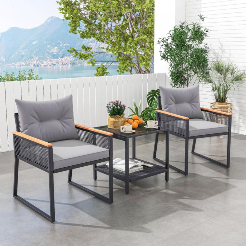 Hivvago 3 Pieces Patio Furniture Set with 2 Tier Coffee Table and Soft Seat Cushions